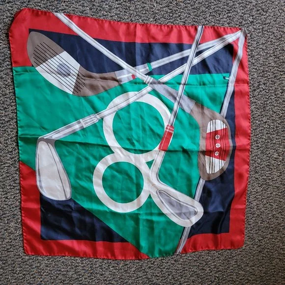 100% Silk Golf Club Scarf Made in Italy Approximately 30 x 30 Mid-Century VTG
